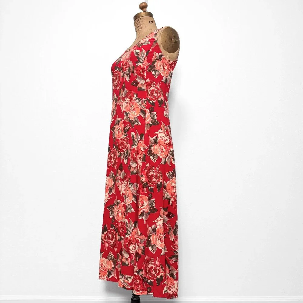 90s Vintage Express Red Floral Sleeveless Maxi Dress Size 9/10 Medium - Picture 4 of 15